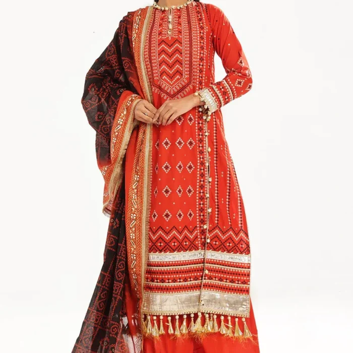 3 Piece Unstitched Zari Embroidered Lawn Suit with Gold Lacquer Printed Lawn Dupatta