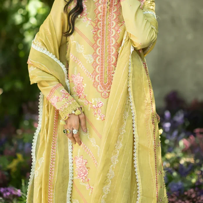 3 Piece Embroidered Paper Cotton Suit with Inner and Embroidered Borders and Embroidered